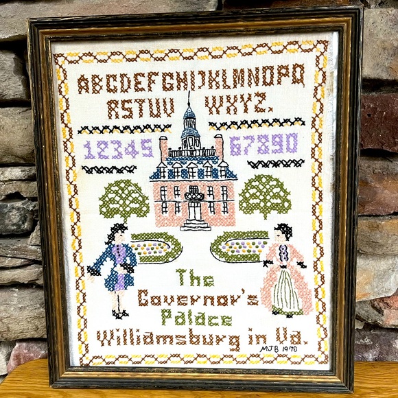 VTG Sampler Williamsburg Cross Stitch Colonial Virginia Framed Governor Palace - Picture 1 of 5